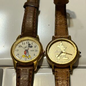 2 Vintage Gold Mickey Mouse Watches with Brown Leather Straps